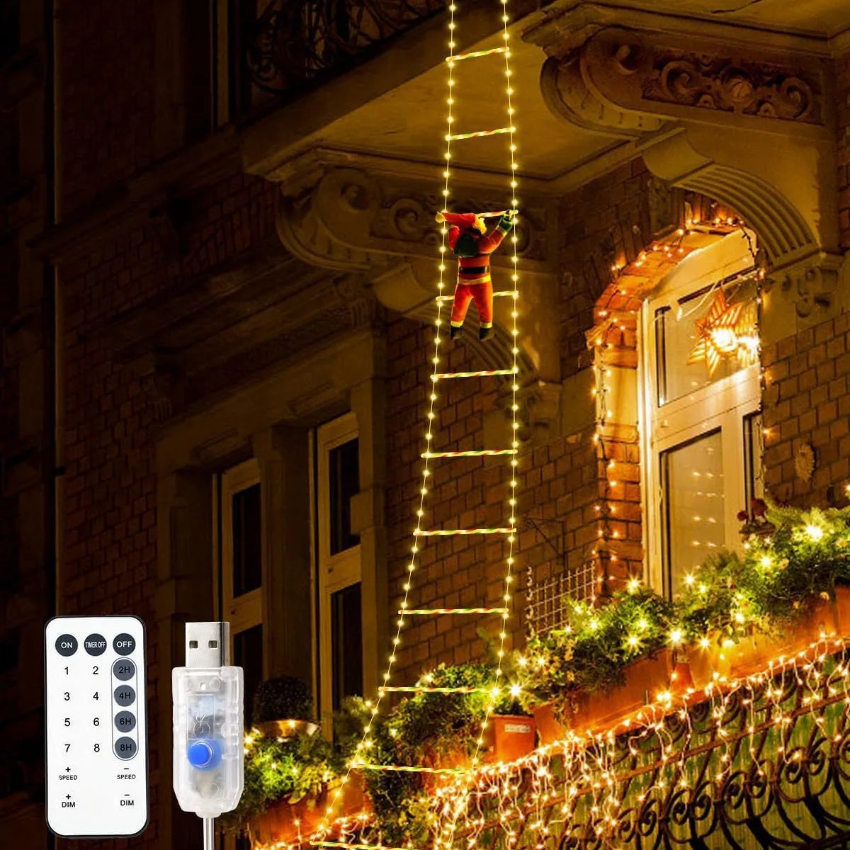 Illuminate Your Christmas Spirit with the 1.5/3M LED Santa Claus Climbing Ladder Light - 8 Flashing Modes for Your Home, Tree, Wall, and Window Decor!